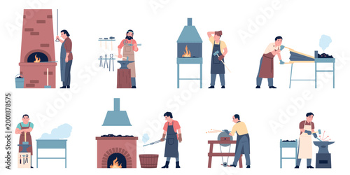 Blacksmith characters. Workers working with metal, forge men with equipment, bellows, hammer. Flat craftsman, handyworker, recent vector set