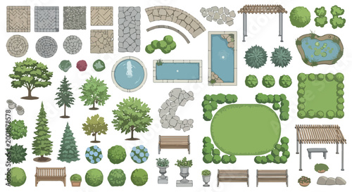 Landscape design elements set, garden plan icons with trees and bushes, outdoor architecture vector collection for backyard planning and park mapping