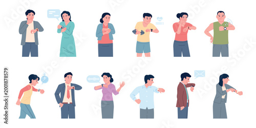 People looking on watches. Person late, hurry, waiting for friends. Male female with smart and sport watch, heart rate monitor, clock, recent vector set