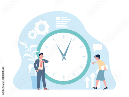 Work and time. Business man waiting colleague or office manager. Man looking on hand watch, woman hurry. Time management, late to meet, recent vector concept