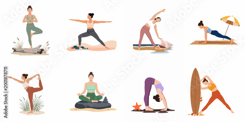 Collection of flat illustrations depicting women practicing diverse yoga poses and meditation in various beach and natural outdoor settings for health and wellness.