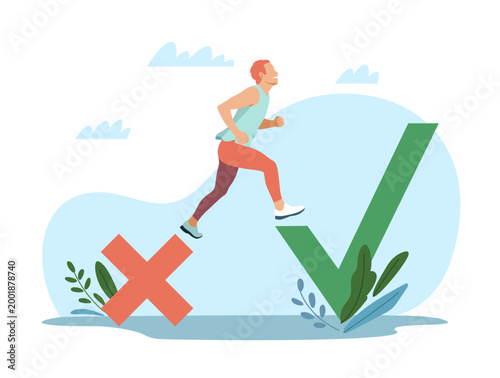 Learning from mistakes. Moving towards success, gaining experience, overcoming obstacles and difficulties, runner jumps from cross to check, positive result vector cartoon isolated concept