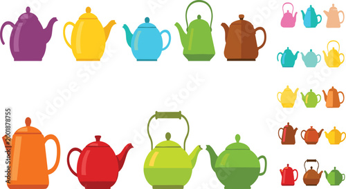 Colorful Teapot Collection Featuring Various Kettle Shapes and Sizes in Flat Design Style for Kitchen, Cafe, Beverage, and Home Decor Illustration Projects.