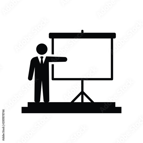 Man pointing at blank presentation screen solid black icon for business training seminar