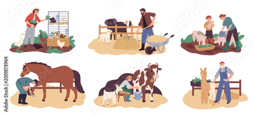 Happy farmers care animals. People keep household, take care of livestock and poultry, milking cows, cut wool, hay being, daily agriculture work food production garish vector cartoon set