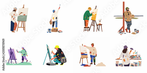 Collection of diverse artists and painters in paint-stained clothing creating various artworks on canvases and easels in a flat illustration style.