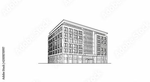 Detailed sketch of a modern glass and concrete building with many windows