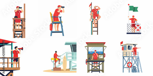 Set of Beach Lifeguards in Various Lookout Stations and Towers Using Safety Equipment Like Binoculars and Megaphones for Coastal Surveillance and Protection.