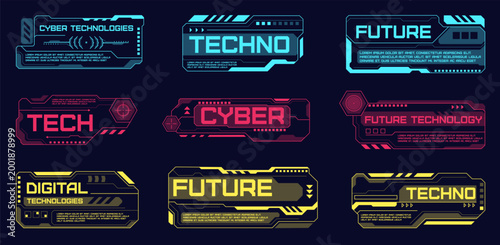 Futuristic frames labels. Hi tech cyber design emblems, sci fi games style text boxes, digital technology elements, interface banner templates neon decorative objects, qualitative vector set
