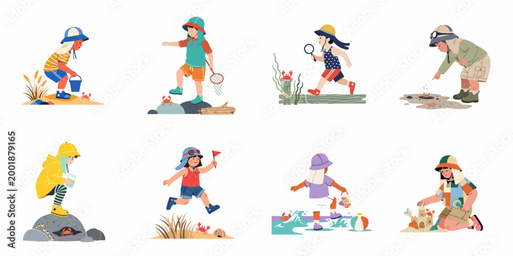 Fototapeta premium A collection of cute illustrations featuring children exploring the beach, catching crabs, building sandcastles, and enjoying coastal nature activities.