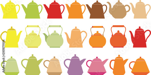 Colorful Teapot Silhouette Collection Featuring Various Kettle Shapes in Flat Minimal Style for Kitchen, Cafe, and Beverage Design Projects.