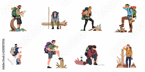 Collection of tired and dirty male hikers with backpacks in various poses, isolated flat vector illustration for outdoor adventure and travel concepts.