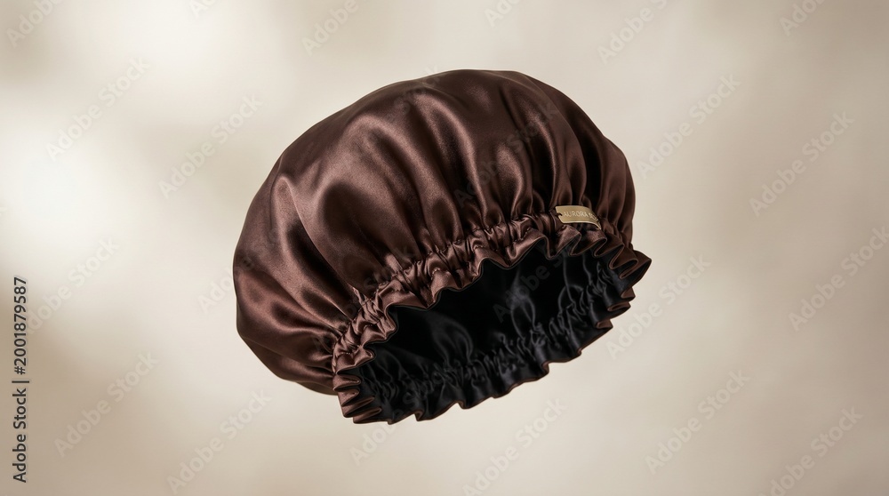 Naklejka premium A high-angle shot of a luxurious brown silk satin head cover with an adjustable ribbon strap. Isolated against a minimalist aesthetic interior background. Perfect for hair care and beauty routines.