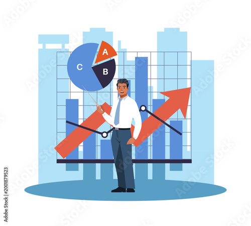 Analysis of results. Pie charts, infographics, process analysis, successful startup, growing schedule, corporate data visualization scene, KPI tracking, vector cartoon isolated concept