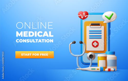 3d cartoon medicine poster. Landing page with pharmacy pills and tools, hospital elements on smartphone screen, online doctor consultation banner design, digital clinic classy vector concept