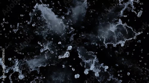 Explosion of water droplets into the camera in slow motion on an isolated black background