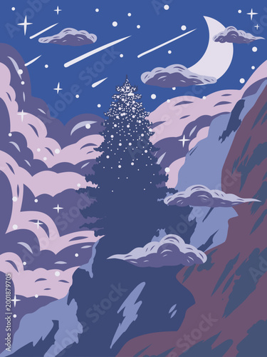Dreamy Night Sky Mountain Forest Illustration