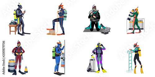Collection of diverse scuba divers in full gear and wetsuits, preparing for underwater exploration.