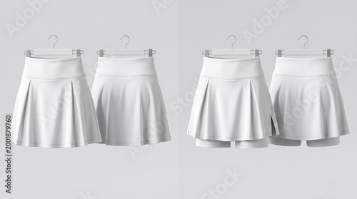 Studio mockup of a white pleated tennis skirt with built-in shorts (skort). Front and back view hanging on a metal clip hanger. Ideal for activewear and sports fashion design
