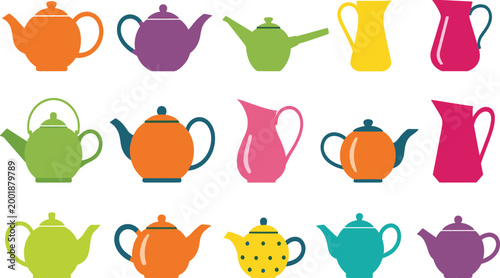 Colorful Teapot Silhouette Collection Featuring Various Kettle Shapes in Modern Flat Design Style for Kitchen, Cafe, Beverage, and Home Decor Illustration Projects.