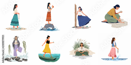 A collection of spiritual women practicing mindfulness, meditation, and yoga in natural coastal settings, featuring ocean waves, sand, and shells.