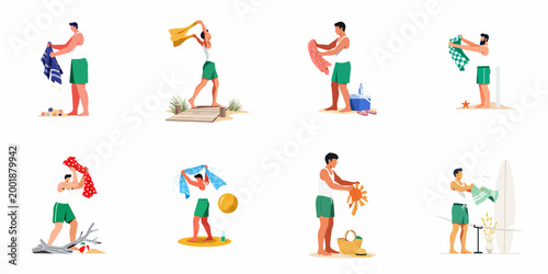 Vector Illustration Set of a Man Using Different Beach Towels in Various Summer Coastal Activities and Settings