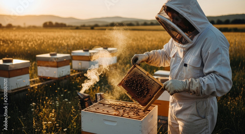 beekeeper in protective suit handling hive.