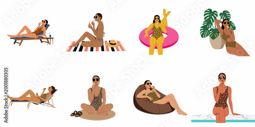 Collection of illustrations showing a stylish woman in a leopard print swimsuit relaxing and sunbathing during her summer vacation.