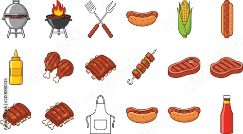 Comprehensive Cartoon BBQ Food and Tool Icon Set with Grill, Ribs, Steak, Hotdog, Corn, Chicken, Kebab, Mustard, and Apron for Cookout Designs.