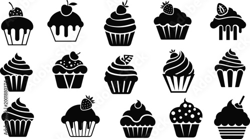 Black Cupcake Silhouette Icon Set with Different Frosting and Toppings, Minimal Dessert Vector Collection for Bakery, Cafe Menu and Sweet Food Design
