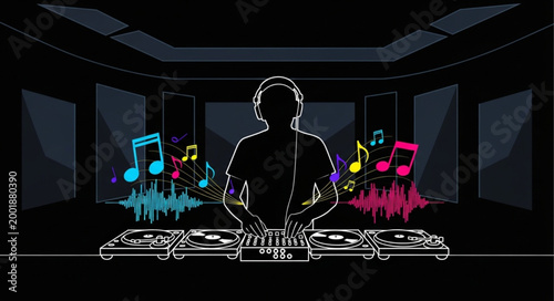 DJ Playing Music at Nightclub with Turntables and Sound Equipment.