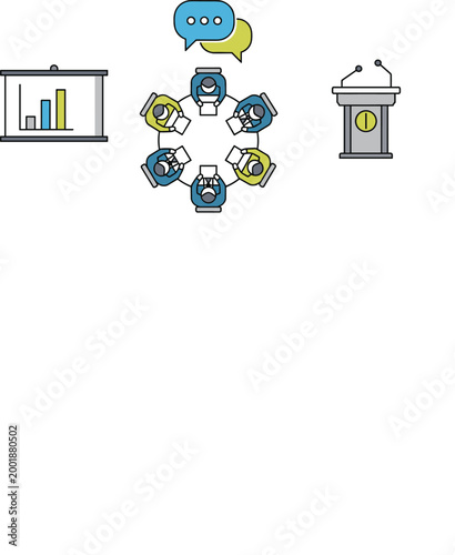 Business Team Discussion Around Table with Presentation Chart Speech Bubble and Podium Communication Collaboration Concept Flat Vector Illustration