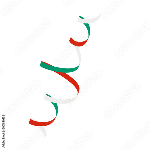 Ribbon streamers in white, red, and green colors isolated on a transparent background