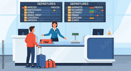 Passenger at Airport Check-in Counter with Luggage and Flight Information Display.