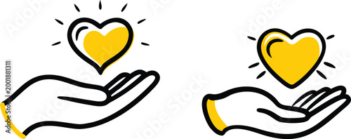 Abstract illustration of hand holding glowing yellow heart symbol representing kindness charity and emotional support.