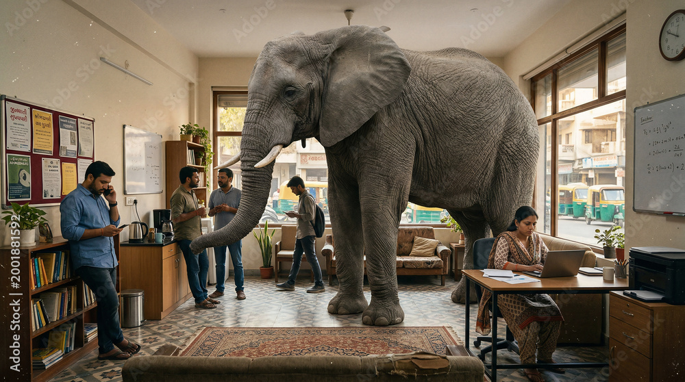 Fototapeta premium A highly detailed, realistic room where an actual massive, gray elephant is standing in the center, and the people are awkwardly ignoring it