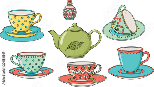 Decorative Tea Set Collection Featuring Teapot, Cups, and Saucers with Floral and Patterned Designs in Hand Drawn Style for Kitchen and Cafe Illustration.