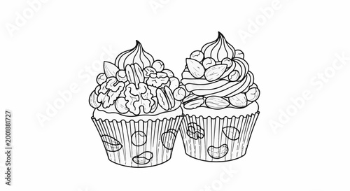 Two delicious cupcakes decorated with assorted nuts and swirls of frosting