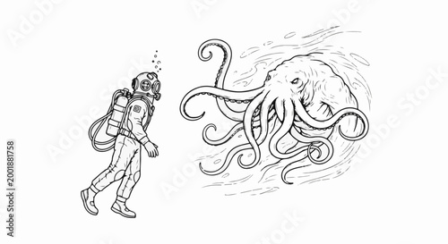 Vintage diver faces colossal octopus in swirling underwater currents