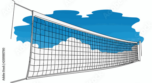 Volleyball net stretched across a bright blue sky with fluffy white clouds