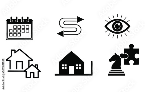 Collection of black and white icons representing concepts like time direction vision home and strategy