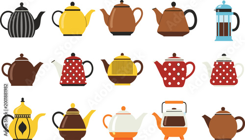 Decorative Teapot Collection Featuring Vintage, Modern, and Patterned Kettles in Colorful Flat Design Style for Kitchen, Cafe, and Beverage Illustration Projects.