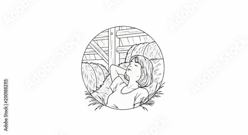 Woman relaxing in hay bales inside a barn, depicted in a circular frame