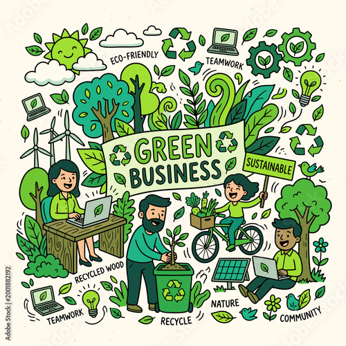 Fotografía People engaged in eco-friendly business practices outdoors with playful doodle illustrations