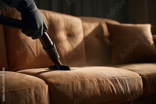 A man uses a vacuum cleaner to clean the upholstery of a sofa in a living room. The setting shows soft light and dust coming off the fabric during the evening