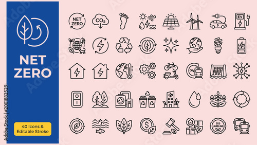 Net Zero web icons in line style. Green energy, CO2 neutral, gas emissions, climate, ecology, collection. Editable stroke.  Vector illustration.
