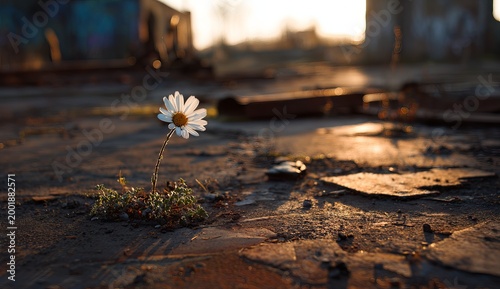 Resilient Daisy Blooms Amidst Urban Decay - A Symbol of Hope.