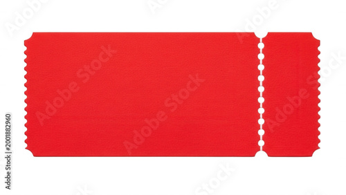 A blank red raffle ticket with a perforated stub, featuring scalloped edges on a solid black background, isolated for use