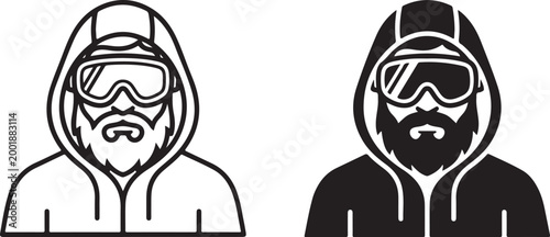 Stylized Icon of Bearded Man in Hoodie and Ski Goggles, Vector Graphics