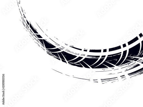 Tire track. Tyre mark of car, bike, motorcycle with grunge effect on white background. Wheel footprint, road element, dirty rubber protector pattern.